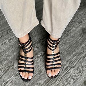 Black Leather Gladiator Sandal w/ Gold Hardware
